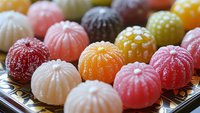 Colorful assorted hard candies with ribbed texture arranged on cooling rack. Sweet confectionery treats in various flavors and colors for dessert and snacking.