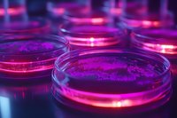 Glowing petri dishes with bacterial cultures in purple and pink neon lighting create futuristic scientific laboratory atmosphere for research and biotechnology concepts.