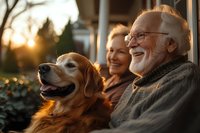 Senior couple enjoying sunset on porch with golden retriever dog, warm evening light creates cozy atmosphere, genuine smiles and companionship moment.
