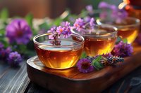 Herbal tea in glass cups served on wooden tray with fresh purple wildflowers and herbs, warm evening light creates cozy atmosphere for wellness and relaxation.