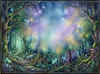 Enchanted forest clearing with glowing magical lights and mystical atmosphere, ancient twisted trees framing luminous sky with purple, blue, and golden hues, fantasy woodland scene for book covers and game art.
