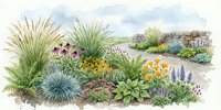 Watercolor garden landscape with ornamental grasses, colorful flowering plants and natural stone elements for landscaping design projects.