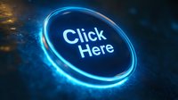 Glowing blue neon click here button on dark background with light effects and particles, modern digital interface design for websites and applications.