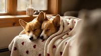 Two adorable Shiba Inu puppies sleeping peacefully together under cozy blanket by sunny window. Warm domestic scene perfect for pet care campaigns.