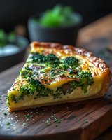 Homemade broccoli quiche slice with golden crust on wooden board, fresh green vegetables and cheese filling for breakfast or lunch menu.