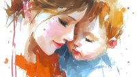 Watercolor portrait of mother and child in tender embrace, faces close together with soft pink and orange tones, artistic splashes creating emotional connection.