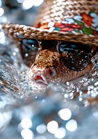 Fish wearing sunglasses and straw hat splashing in water with bokeh light effects, creative summer concept for advertising and social media marketing.