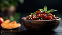 Strawberry jam with fresh mint leaves in wooden bowl, garnished with seeds and berries for dessert, breakfast, or culinary use.
