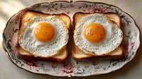 Two golden fried eggs on toasted bread slices served on decorative floral plate, classic breakfast meal ready to eat for morning dining experience.