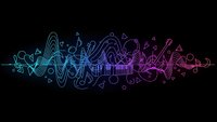 Abstract neon sound wave visualization with musical notes and geometric elements in cyan, blue and purple gradient colors on black background.