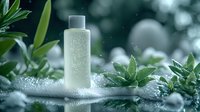 Frosted glass bottle with water drops among fresh green leaves and morning dew. Minimalist skincare concept on blurred natural background for cosmetic products.