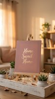 Home Sweet Home calligraphy sign on wooden easel with succulents and fairy lights creating cozy interior decor atmosphere for housewarming celebrations.