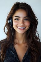 Young Hispanic woman with bright smile wearing headphones and casual sweater against light background, radiating positive energy and joy.