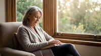 Middle-aged woman with shoulder-length blonde hair, Caucasian ethnicity, wearing a cozy cardigan, sitting by a window with natural light streaming in, relaxed and contemplative mood, suitable for lifestyle, wellness, and home interior content.