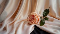 Single peach rose with green leaves lying on flowing silk fabric in cream and black tones, creating romantic and elegant composition for wedding designs.