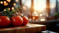 Fresh ripe tomatoes on vine with water drops on wooden cutting board against blurred warm bokeh kitchen background with morning sunlight.