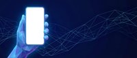 Digital hand holding smartphone with blank screen on blue network background for technology and communication concepts.