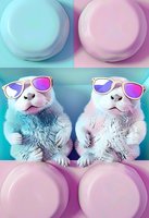 Stylish white rabbits wearing trendy sunglasses in pastel pink and blue tones, surrounded by decorative plates creating modern aesthetic composition.