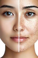 Split face comparison showing skin texture contrast - smooth porcelain complexion versus natural freckled appearance with visible pores and spots.