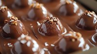 Luxurious milk chocolate pralines with crushed nuts topping arranged in rows, glossy surface reflecting light, close-up view showing smooth texture and artisanal details.