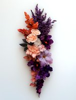 Floral arrangement with peach carnations, purple pansies, and lavender sprigs on white background, creating diagonal composition. Isolated design element for wedding invitations.