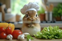 Adorable chipmunk in chef hat surrounded by fresh vegetables and mushrooms in kitchen setting, creating whimsical cooking scene with natural ingredients.