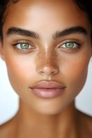 Close up portrait of young mixed race woman with freckles and striking green eyes showing natural beauty makeup look against white background.