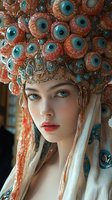 Young Caucasian woman wearing ornate traditional headdress with turquoise eye motifs and coral decorative elements for cultural fashion photography.