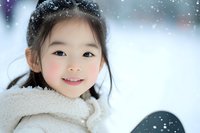 Young Asian girl smiling in winter scene with snowflakes falling, wearing cream colored warm scarf. Soft dreamy portrait with natural bokeh background.
