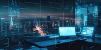 Futuristic workspace with holographic displays and cityscape overlay, laptop and digital screens showing data analytics and network connections for tech business concepts.