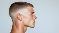 Profile view of young Caucasian male with modern fade haircut against light background, showcasing contemporary men's hairstyle and grooming trends.