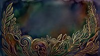 Watercolor dark background with golden floral border, swirling leaves and botanical elements framing copy space for text or design.