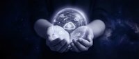 Hands holding glowing digital globe with network connections against dark starry background, representing global technology, data connectivity, and worldwide business innovation.