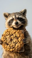 Cute raccoon holding large oatmeal raisin cookie on neutral background for food advertising and wildlife humor concepts.