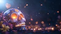 Decorative sugar skull with glowing ornate patterns and floral designs illuminated against dark background with magical bokeh lights and purple flowers.