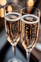 Two elegant champagne flutes filled with sparkling wine against warm bokeh lights creating romantic atmosphere for celebration and special occasions.