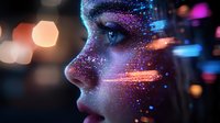 Futuristic female profile with glowing particles and neon lights creating cosmic effect on dark background. Digital art concept showing technology integration.