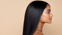 Young South Asian woman with long straight black hair, glowing skin, and traditional gold jewelry in profile view against neutral beige background. Professional beauty portrait.