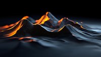 Glowing orange and blue abstract mountain landscape with smooth waves and curves against dark background, dramatic lighting creates futuristic terrain effect.