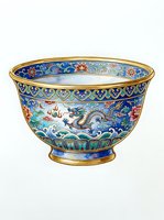 Ornate porcelain bowl with cobalt blue glaze, gold trim, and hand-painted dragon and floral motifs in traditional Asian style. Isolated on white background for design use.