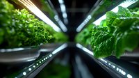 Vertical farming system with rows of fresh green leafy vegetables growing under LED grow lights in controlled indoor agricultural environment for sustainable food production.