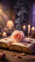Pink rose on open book with incense smoke, candles, and scattered petals in moody purple and gold lighting. Romantic, mystical atmosphere for wellness, literature, and meditation design projects.