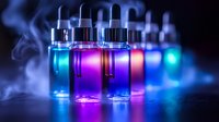 Colorful vaping liquid bottles with dropper caps in blue and purple neon lighting surrounded by vapor smoke, arranged in row on dark background.