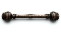 Antique wooden dumbbell with ornate carved ends isolated on white background, showcasing vintage exercise equipment and historical fitness apparatus design.