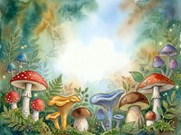 Whimsical forest floor scene with red and brown mushrooms, ferns, and foliage surrounding a bright central clearing, suitable for children's book illustrations and fantasy artwork.