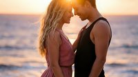 Romantic couple embracing at golden hour sunset on beach, intimate moment with warm sunlight creating dreamy atmosphere for love and relationship concepts.