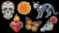 Day of the Dead sticker set with sugar skull, marigold, skeleton cat, sacred heart, monarch butterfly, rose, and skeleton hand, isolated on transparent background for clipart and t-shirt design.