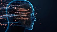 Digital particle head profile with glowing blue and orange dots forming human face silhouette against dark background, representing artificial intelligence and technology.