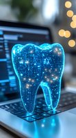 Digital hologram of glowing blue tooth with network pattern floating above laptop keyboard, bokeh lights in background. Modern dental technology concept.