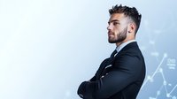 Young Hispanic businessman in black suit standing with crossed arms against blue background with financial graphs and charts, showing confidence and success.
